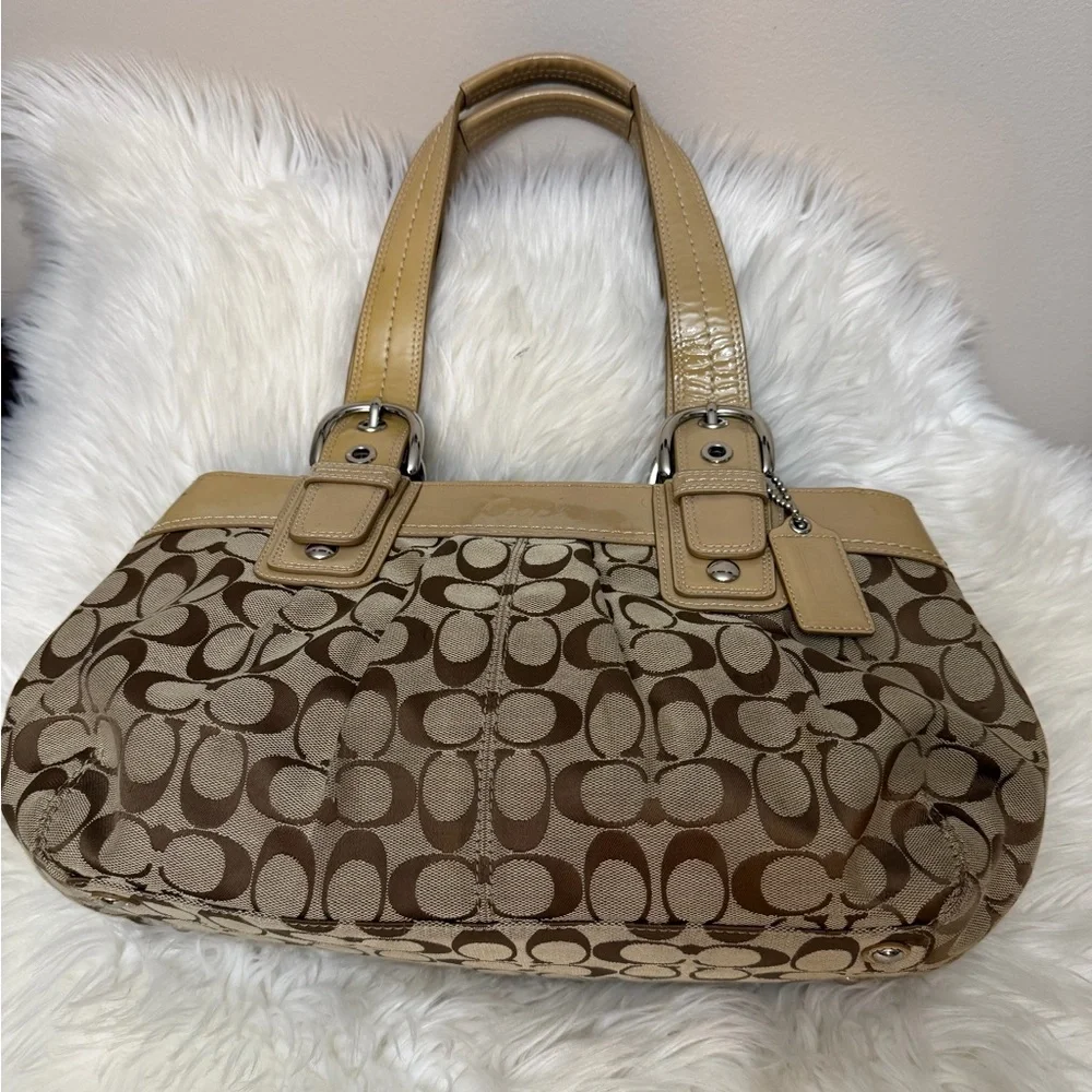 Coach Beige Monogram Shoulder Bag with Cream Trim#F13742